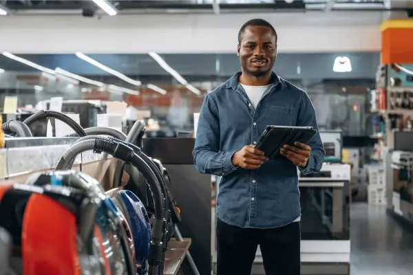 Store worker looking at payroll
