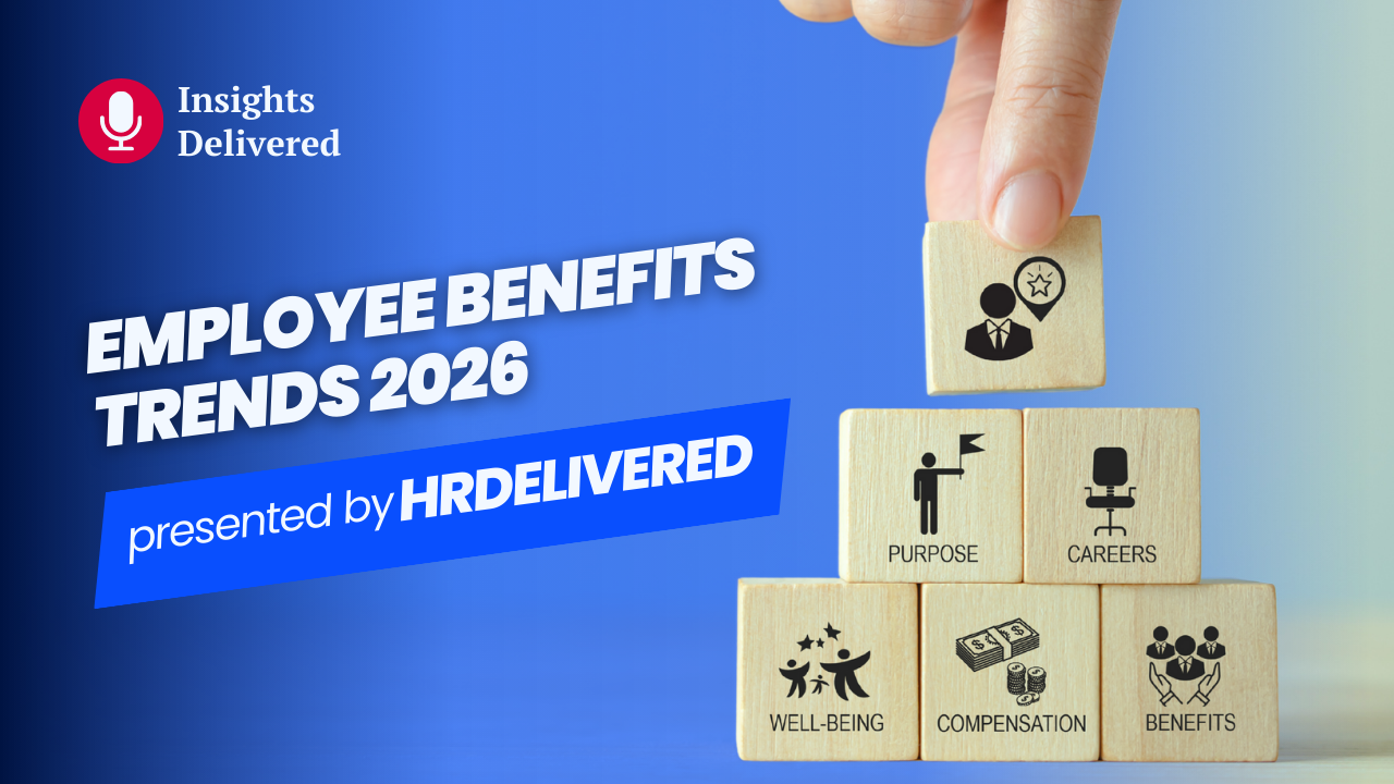 Blue gradient graphic with stacked wooden blocks labeled Well-Being, Compensation, Benefits, Purpose, Careers; a hand places the top block as the title reads 'Employee Benefits Trends 2026'.